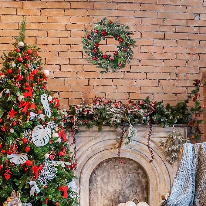 YNYLCHMX 20 Inch Winter Wreath for Front Door, Winter Wreaths with Pine Needles Holly Red Bells, Artificial Door Snowy Wreaths for Outdoor Indoor Reef Farmhouse Windows Wall Holiday Decoration