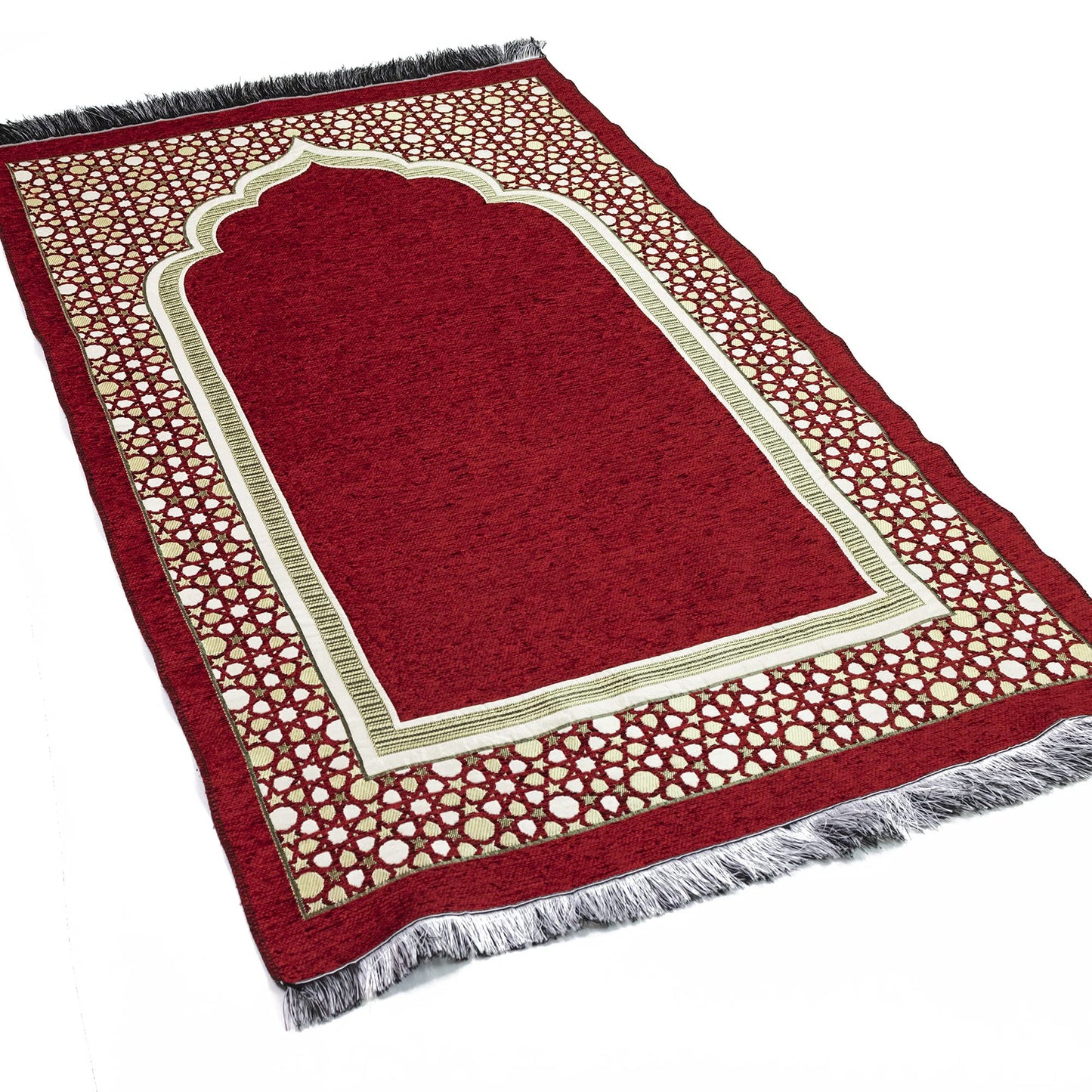 Modefa Turkish Islamic Prayer Mat - Thin Woven Chenille Sajjadah - Intricate Praying Rug Ramadan Eid Gift - Traditional Muslim Janamaz Sajada for Men Women - Geometric Selcuk Star (Red)