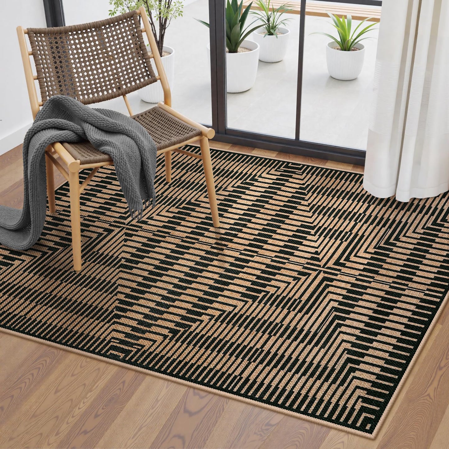 LIVEBOX Easy Jute 3x5 Outdoor Rug, Washable Non Slip Front Door Porch Rugs, Neutral Black Striped Accent Carpet Mat for Entryway, Mudroom (Black & Tan)