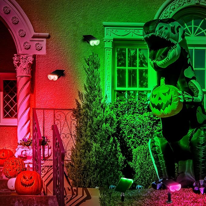 Consciot Solar Spot Lights Outdoor, Halloween Decorations 22 LEDs IP67 Waterproof Color Changing Solar Outdoor Lights, 8 Colors, 2-in-1 Adjustable Wall Lights for Garden Yard Pathway, 2 Pack(RGB)