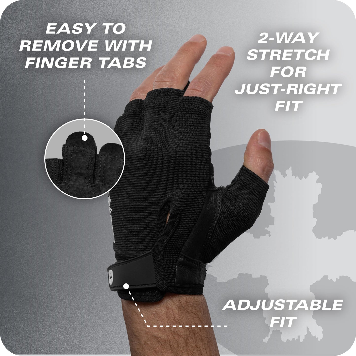 Power Gloves 3.0 - Durable Half Finger Weightlifting Gloves with Adjustable Wrist Closure, Breathable Leather Palm, Men's, Black, XX-Large