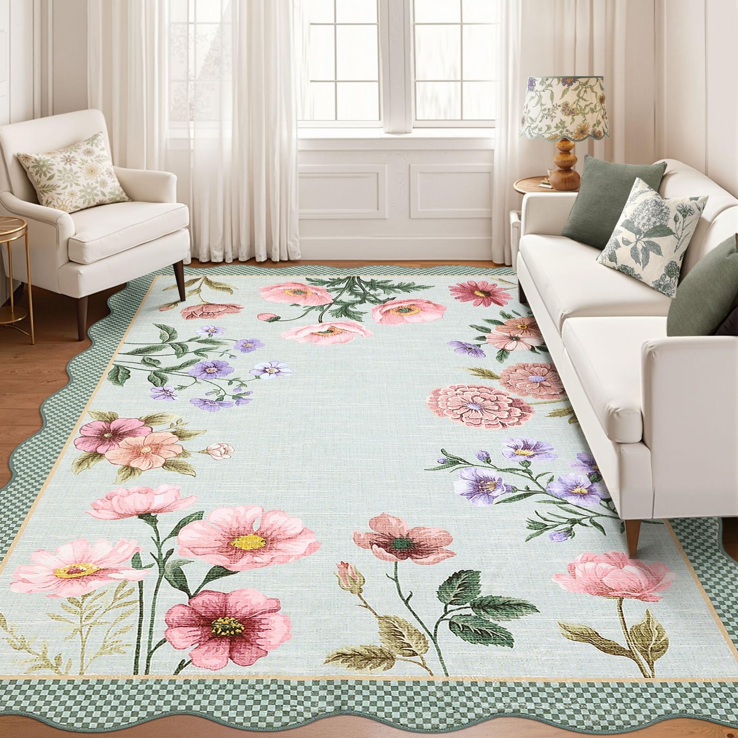 GarveeHome Floral Scalloped Living Room Rug, 5x7 Area Rugs Ultra-Thin Soft Washable Rug, Non-Slip Rugs for Bedroom Stain Resistant Boho Low-Pile Throw Carpet for Dining Room Nursery, Blue