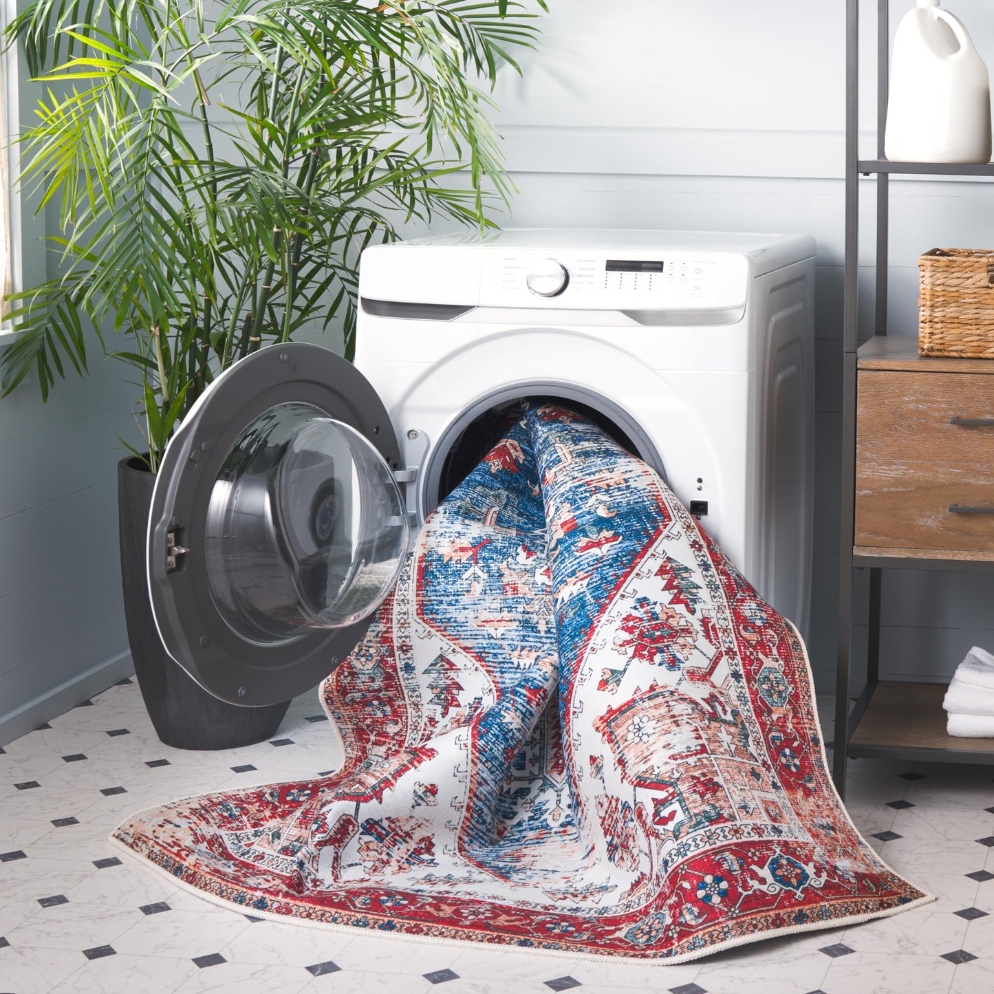 SAFAVIEH Washable Rug Tucson Collection - 6'6' x 9', Blue & Red, Slip Resistant & Easy to Clean, Ideal for Living Room, Bedroom, Dining Space (TSN102M)