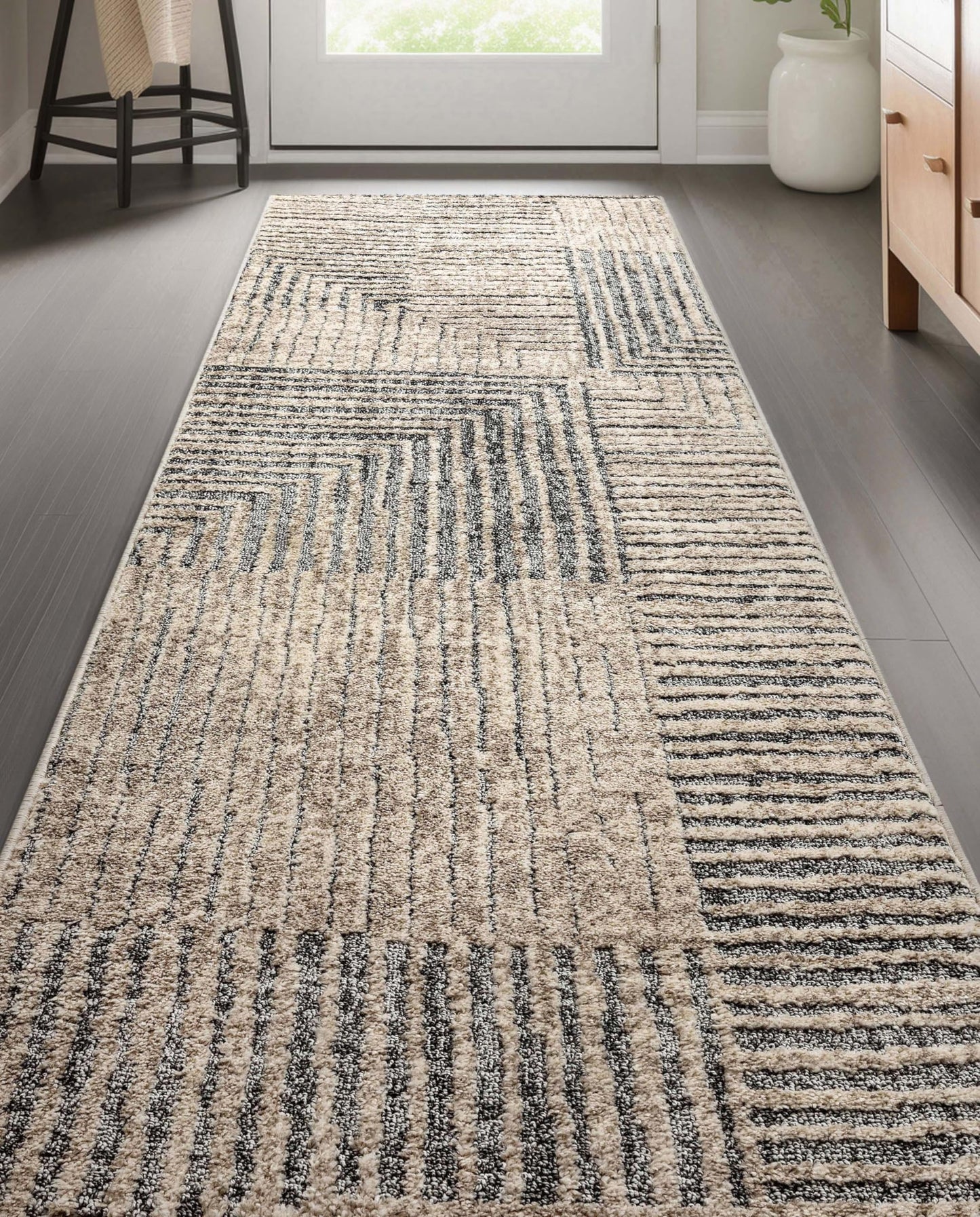 Well Woven Custom Size Hallway Stair Runner - Choose Your Length - 27 Inches Wide x 19 Feet Long Runner (27" x 19' Runner) Rug - Ivory-Grey Sula Soft Touch, Modern Geometric - Hi-Lo Pile