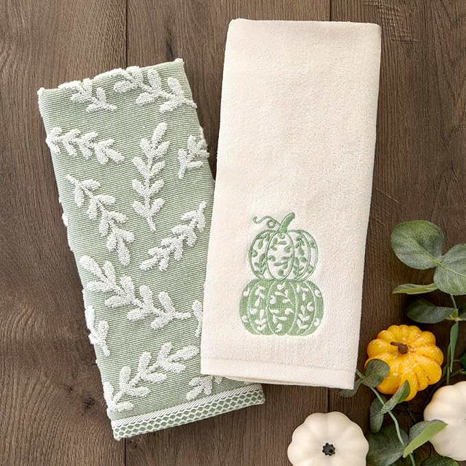 SKL Home Leaf Sprig 100% Cotton Jacquard 2pc Hand Towel Set, Reversible &
