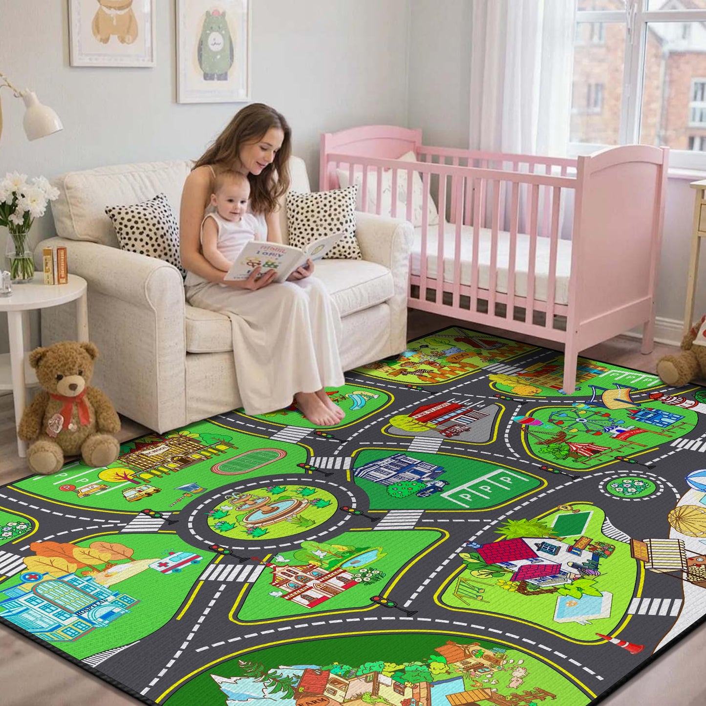 Didswuit Play Rug for Playroom 59"x39", Kids Car Mat Town City Road Map Carpet, Fun Car Playmat Area Rugs Non-Slip Washable for Bedroom