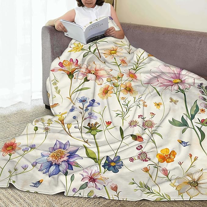 Garden Wildflowers Throw Blanket, Spring Blanket Throw for Adults, Lightweight Soft Cozy Blanket for Couch Sofa Bed Room Decor 50x60 Inches
