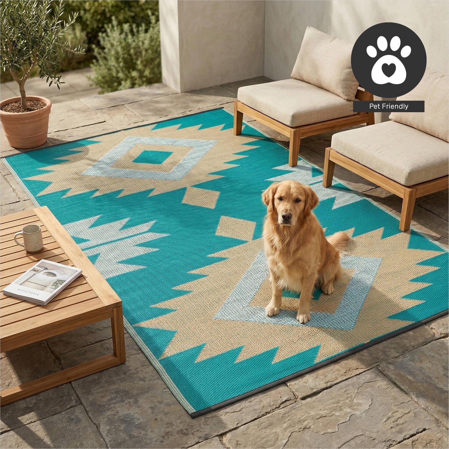 FH Home Outdoor Rug - Waterproof, Fade Resistant, Reversible - Premium Recycled Plastic - Geometric - Porch, Deck, Balcony, Mudroom, Laundry Room, Patio - Bursa Kilim - Teal Crease Free - 3 x 5 ft