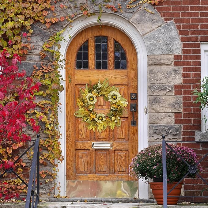 YNYLCHMX 18" Fall Wreaths for Front Door, Artificial Autumn Wreath with Sunflower Pumpkin and Berries for Home Porch Window Wall Farmhouse Decor, Indoor Outdoor, Holiday Decor