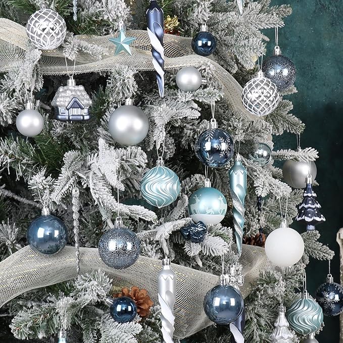124Ct Blue Silver and White Christmas Tree Ornaments Set,Shatterproof Assorted Christmas Decorations for Xmas Tree Snowflake Icicle House Ball Ornaments Baubles for Holiday Party Decor(Blue & Silver)