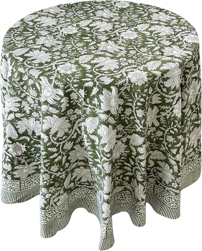 ATOSII Noori Green 100% Cotton Round Tablecloth, Handblock Print Floral Table Cloth for Kitchen Dining Linen I Parties, Weddings, Outdoors I Summer Home Decor 72" Inches Round