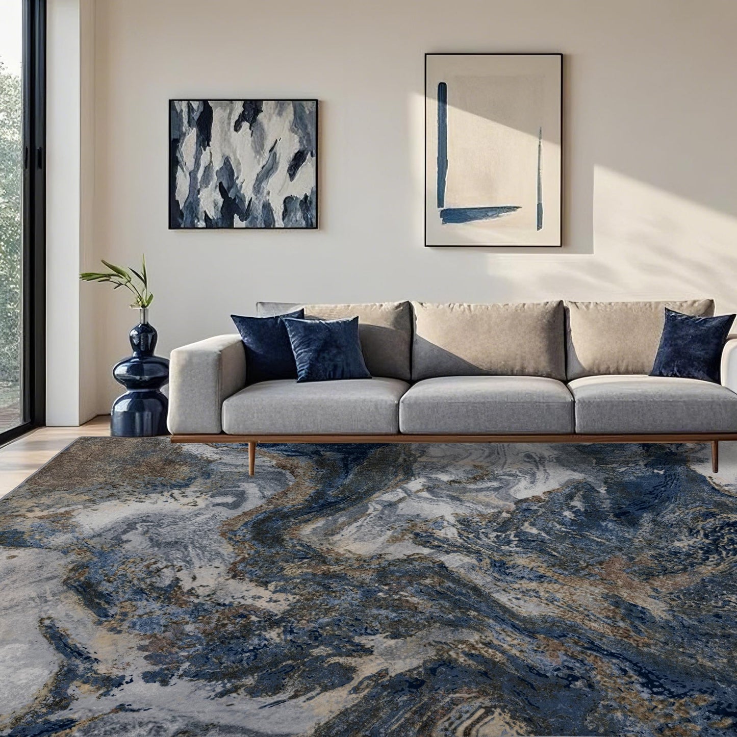 Abstract 9x12 Rug for Living Room: Modern Washable Blue Area Rugs for Bedroom Dining Room - Pet Friendly Thin Low Pile Non-Slip Stain Resistant Large Carpet