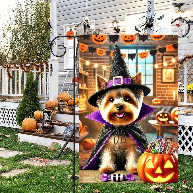 Happy Halloween Puppy Garden Flag Halloween Yorkie Flag for Outside Small 12x18 Double Sided,Fall Winter Witch Hat Dog Yard Flag Patio Room Garden Home Decor
