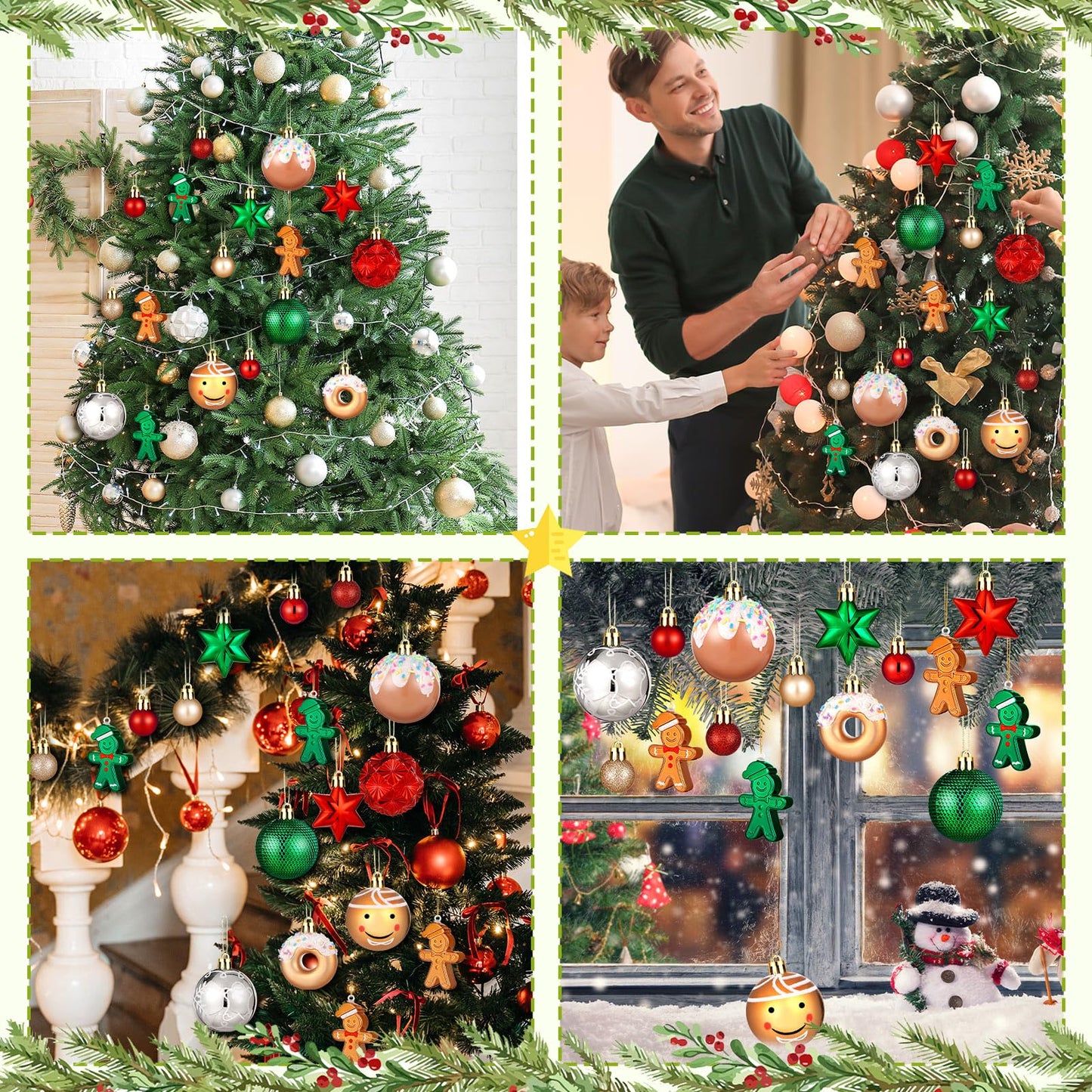 Syhood 40 Pcs Gingerbread Man Christmas Ball Ornaments 2.4 Inch Gingerbread Christmas Decorations Shatterproof Red Green Gold Candy Donut Xmas Baubles for Tree Home Wreath Holiday Office Indoor Decor