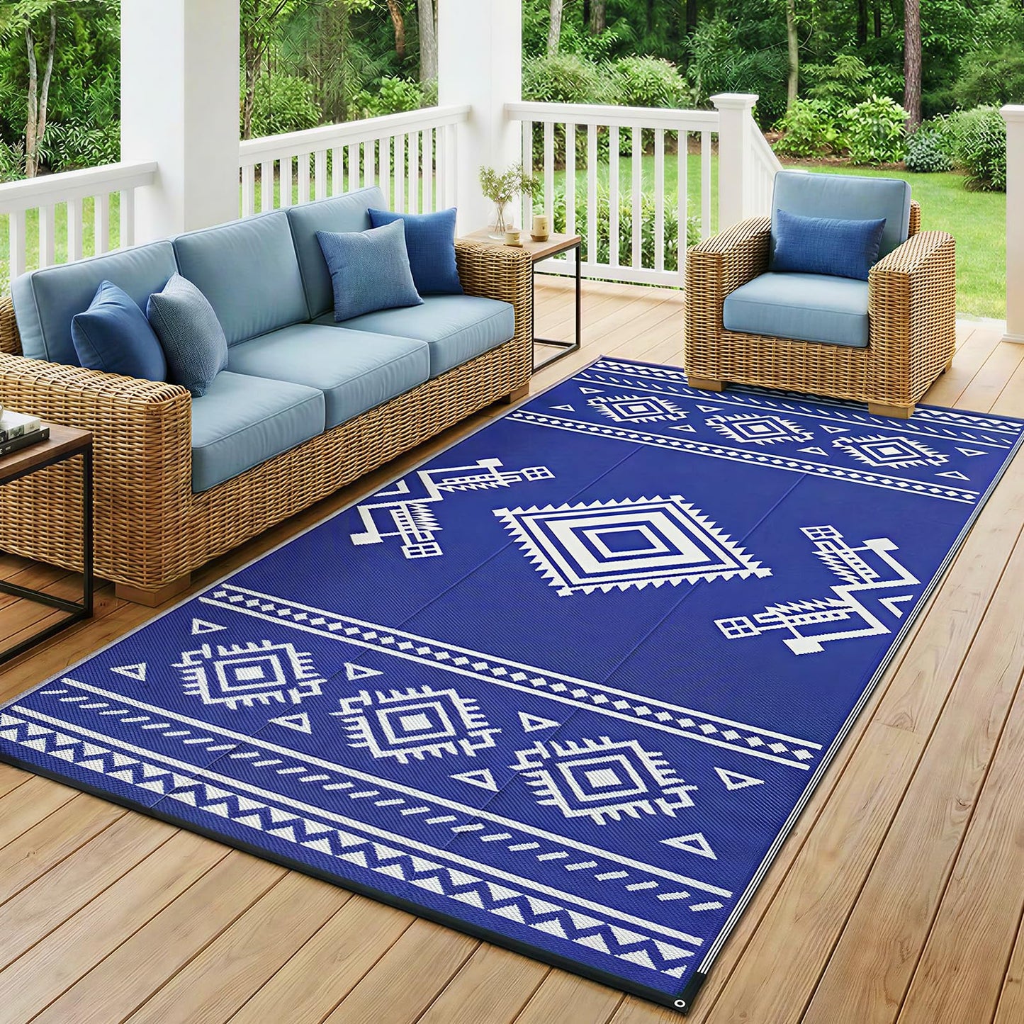 GOTGELIF 9x18 ft RV Camping Rug Waterproof, Large Reversible Bohemian Outdoor Plastic Straw Mat with Carry Bag, 4 Stakes & Seam, UV-Resistant Portable Carpet for Patio Pool Beach Deck (Blue & White)