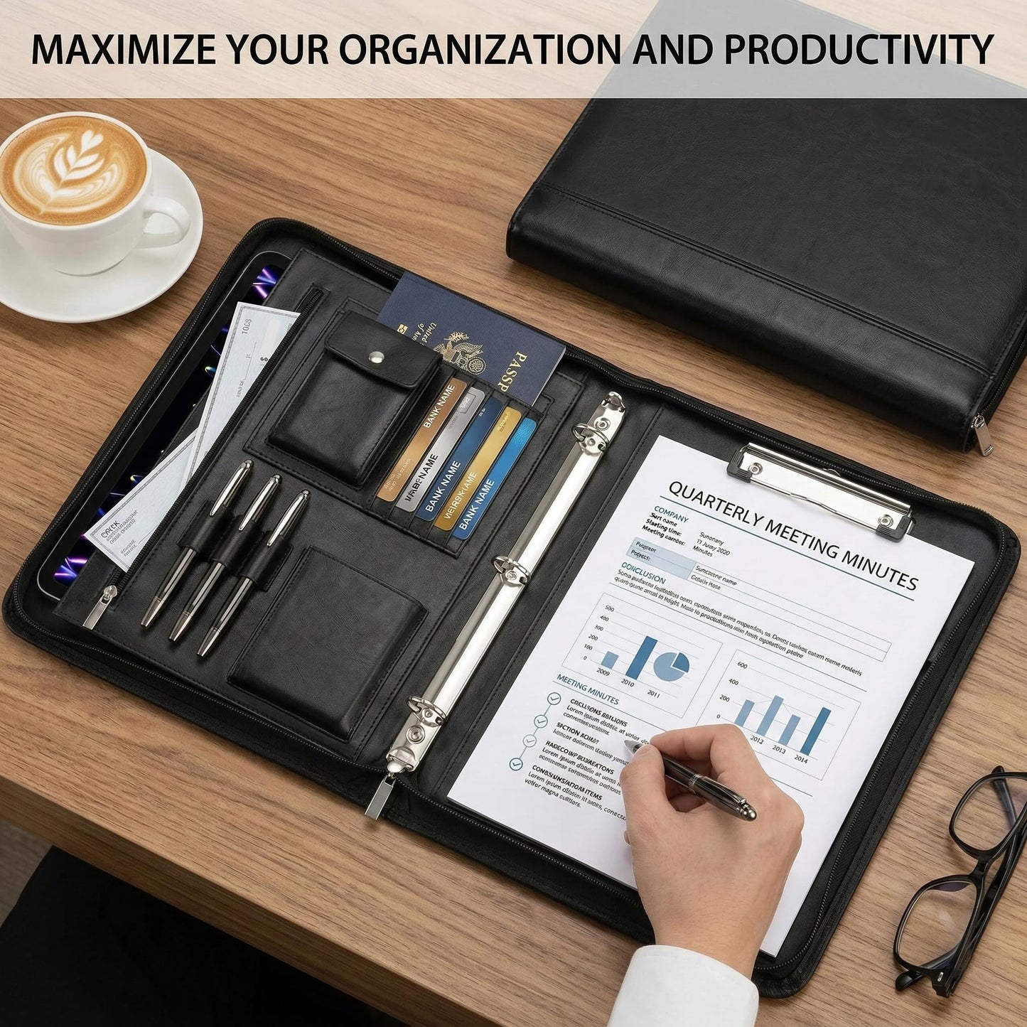Zippered Padfolio with 3-Ring Binder & Clipboard, PU Leather Portfolio Organizer for Men Women, A4 Document Holder with Phone Pocket Pen Loops Card Slots, Professional Business Interview Folder Black