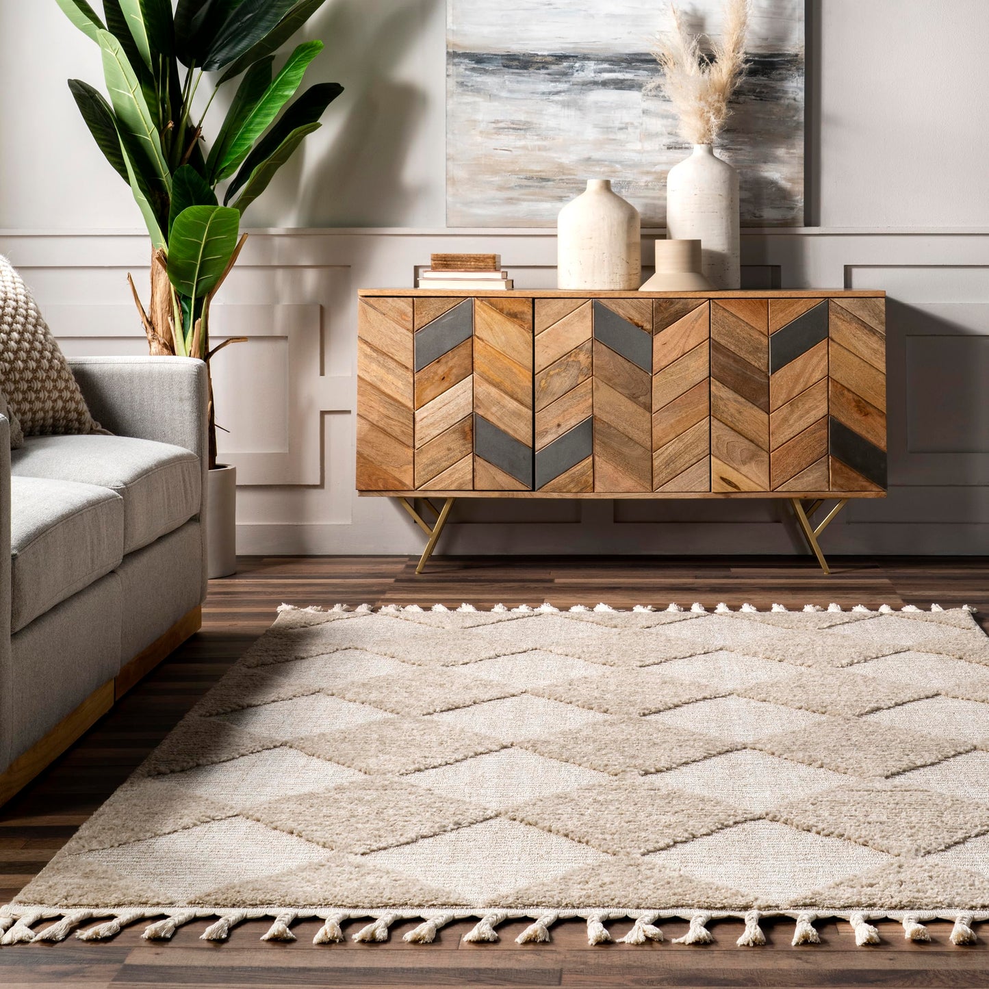 Nuloom Marissa Beige/Ivory, 6'7" x 9', Diamond, Tassel, Soft and Cozy, High Traffic, Stain Resistant, Easy Clean, Durable Area Rug for Bedroom, Living Room, Dining Space, Den, Foyer, Entryway