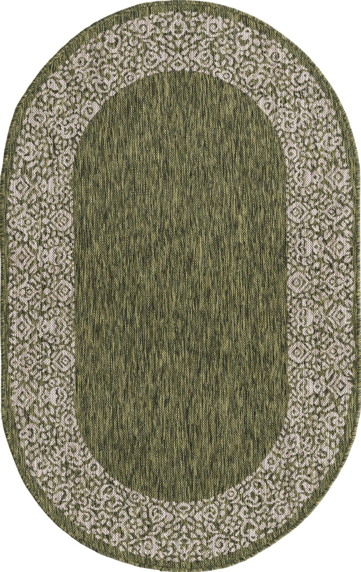 Unique Loom Outdoor Border Collection Area Rug - Floral Border (3' 3" x 5' 3" Oval, Green/ Ivory)
