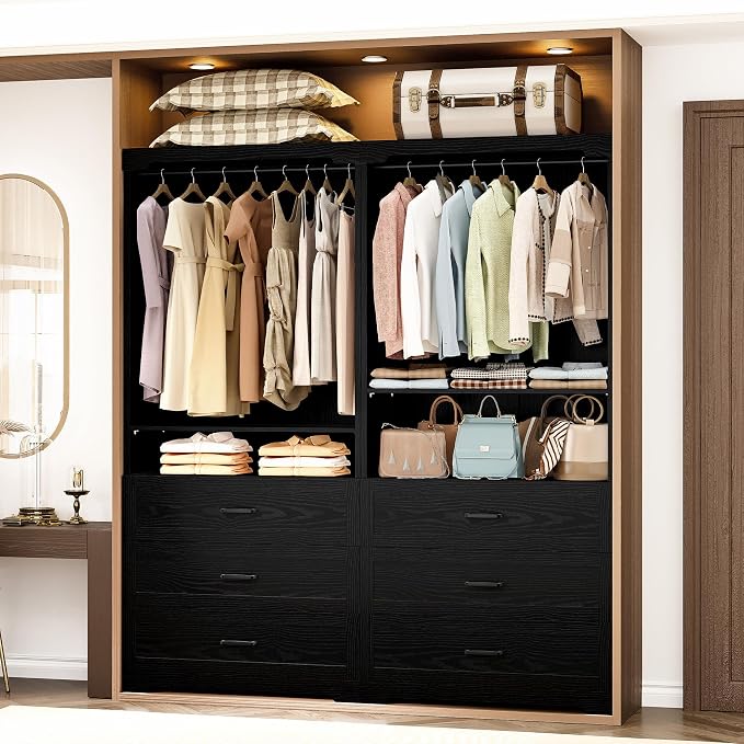 IRONCK Freestanding Closet System with 3 Wood Drawers, 31.5" Black | Modern armoire wardrobe with adjustable shelves & hanging rod, walk-in closet organizer for small spaces, space-saving design