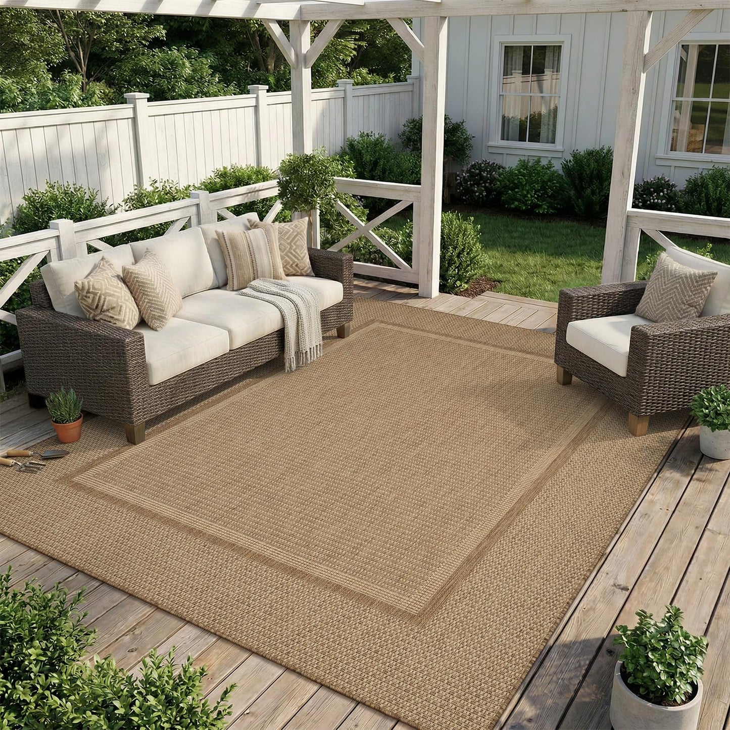 MontVoo-Outdoor Rug-Patio Rug 5x7 ft Polypropylene Indoor Outdoor Rugs Outdoor Carpet for Patio Deck Balcony Porch, Textured Weave, Durable for High Traffic, Fade-Resistant, Modern Neutral Brown