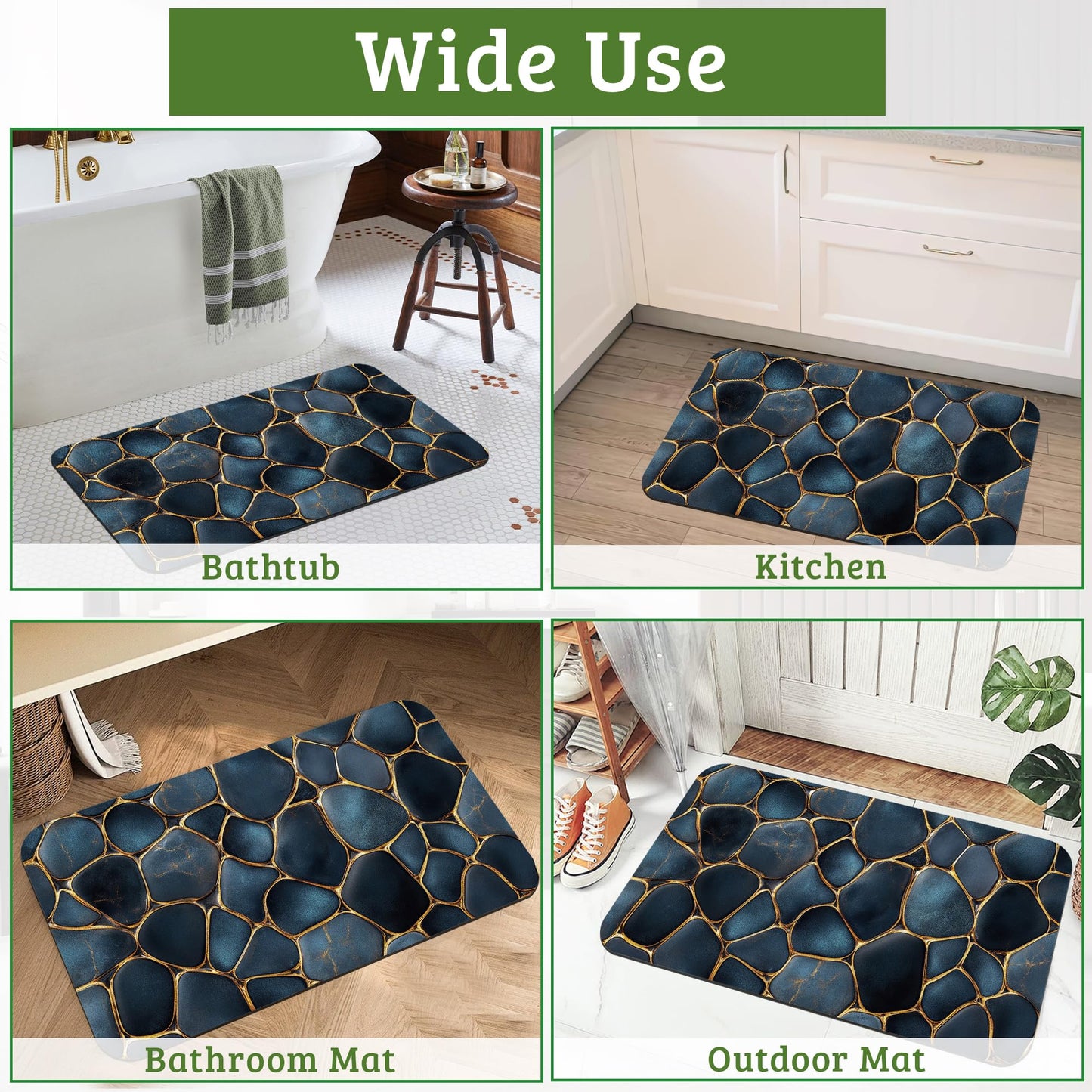 NSMNSM Blue Gold Pebbles Bath Mat Non-Slip Bathroom Rugs, Rubber Backing Absorbent Quick Dry Shower Bathroom Mats for Bathtub, Bedroom, Laundry, Christmas Decorations, 17"x 29.5"