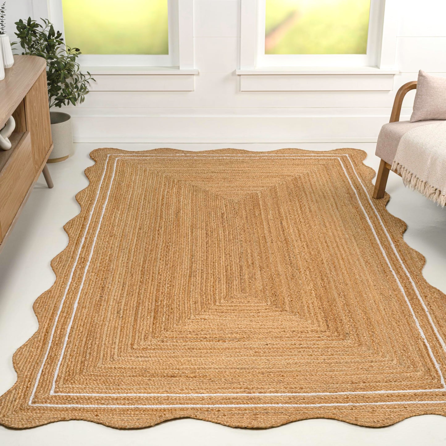 JONATHAN Y Seaside Cottage Scallop Edge Jute Natural/White Indoor Area Rug, 3x5, Farmhouse, Rustic, Cottage, Easy-Cleaning for Living Room, Bedroom, Kitchen, Non-Shedding (RNF200A-3)