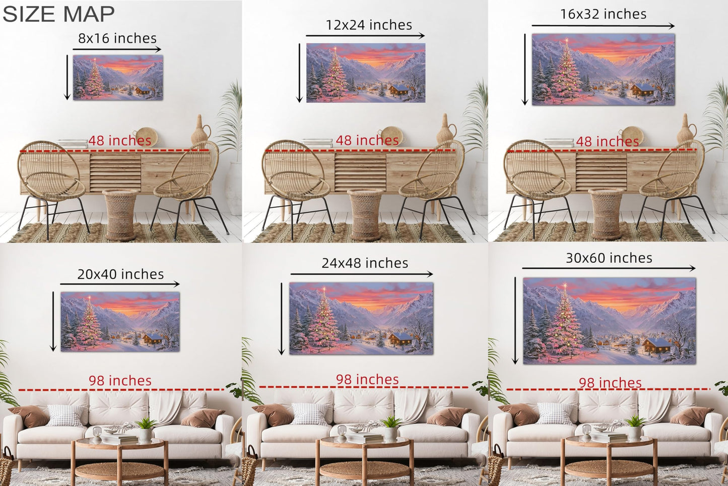 GUTTATY Christmas Canvas Wall Art, Santa Inspired Snow Scene Canvas Painting, Holiday Village Wall Decor, Festive Sunset Poster Print for Living Room, Bedroom, Indoor Christmas Decorations, 32x16 Inch