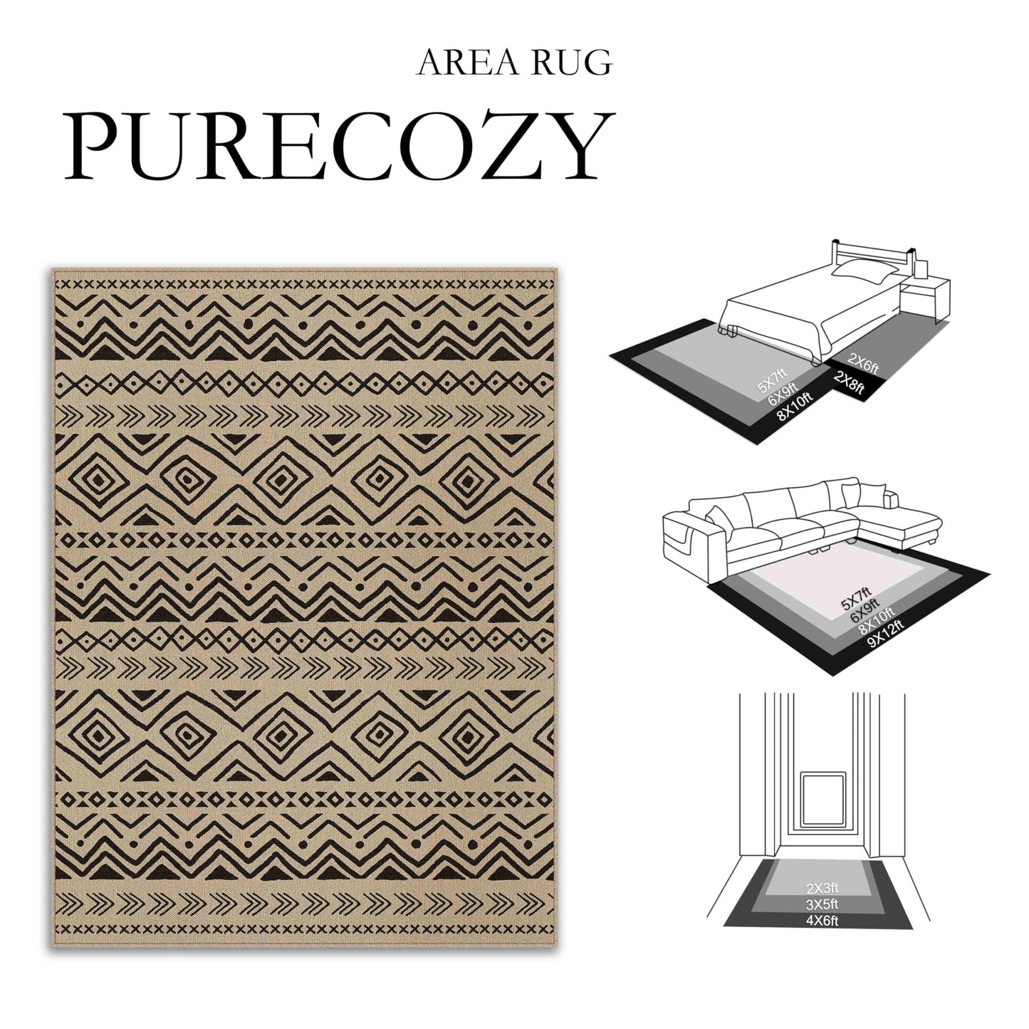 PureCozy 5x8 Easy Jute Outdoor Rug Black Boho Indoor Outdoor Area Rug Farmhouse Patio Carpet for Backyard, Patio, Porch, Living Room, Easy-Cleaning, High Traffic, Pet-Friendly, Non-Shedding