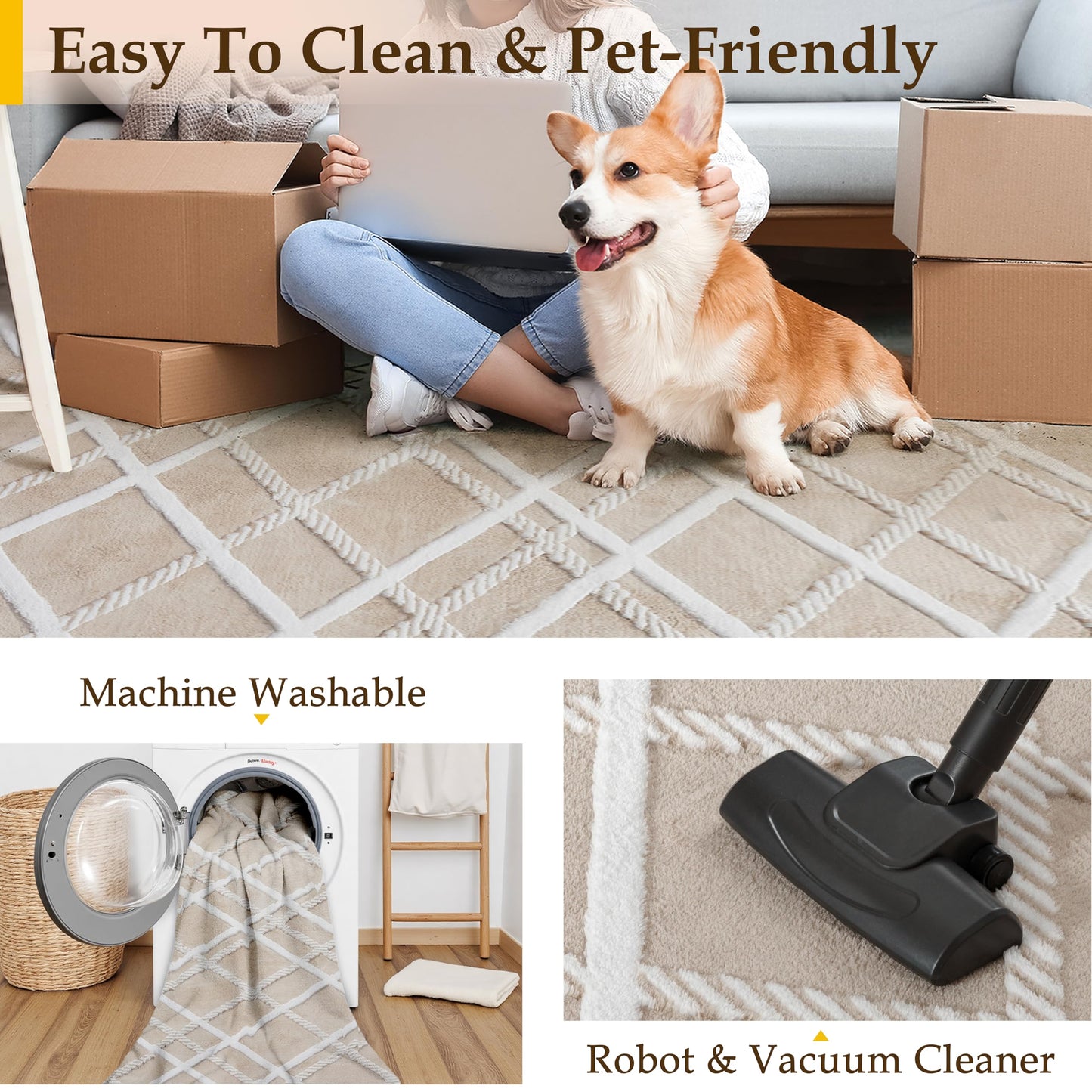HUGEAR 5x8 Shag Area Rug Beige Modern Neutral Medium Plush Pile Super Soft Indoor Fuzzy Carpet Non Slip Non-Shedding Easy Care 0.5-inch Thick for High Traffic Areas in Living Room Bedroom Dining