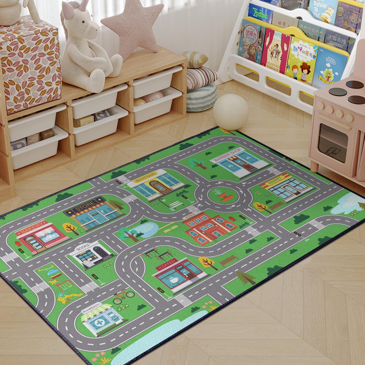 Isyorefam Play Mat for Playroom, 3x4 Fun Car Play Rug Town City Road Map Carpet for Kids Bedroom, Car Playmat Area Rugs Non-Slip Washable