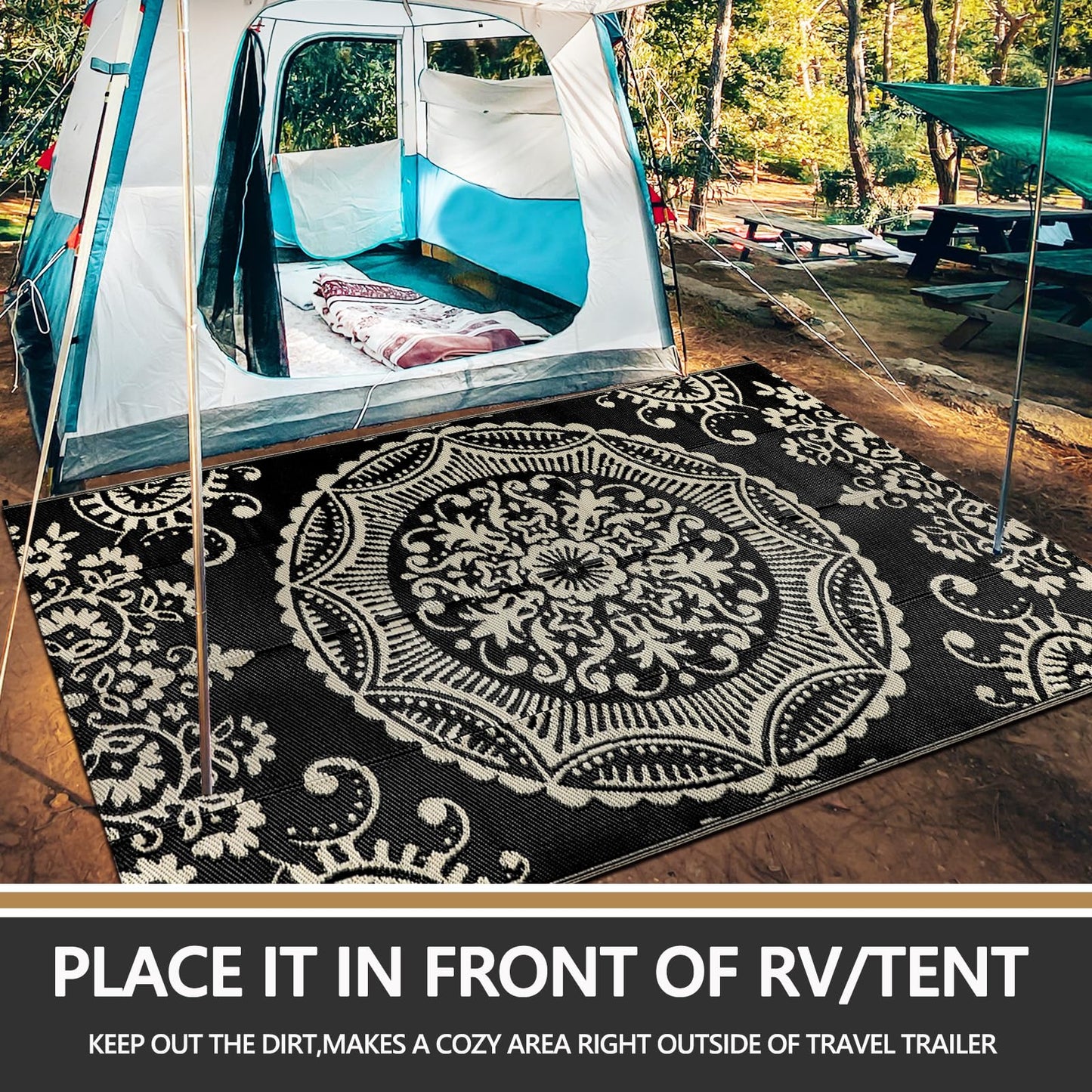 Capslpad 5x8 Outdoor Rug Waterproof Camel Boho Floral Patio Carpet Portable Plastic Straw Rug Foldable Outside Carpet with Carry Bag for RV Backyard Balcony Bench Picnic Porch