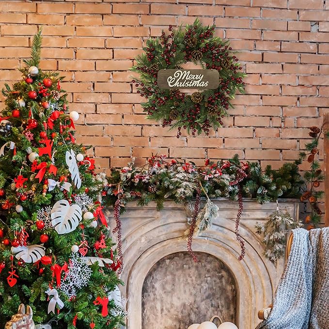 YNYLCHMX 20 Inch Winter Wreath for Front Door, Winter Wreath with Welcome Sign Pine Needle Pine Cone Red Berry, Artificial Door Wreaths for Window Farmhouse Holiday Party Decoration