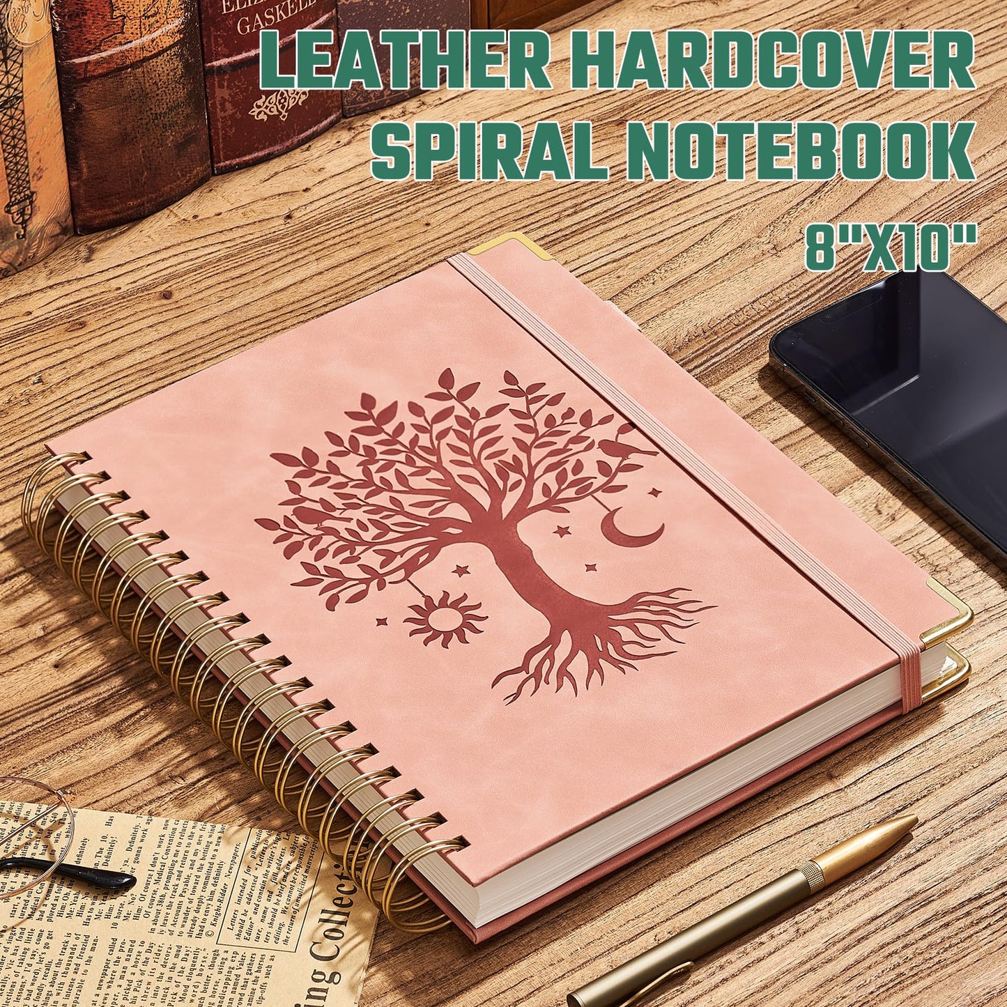 Ovesmusl Hardcover Spiral Notebook 8" x 10" with 5 Removable Dividers 300 Pages Leather 5 Subject Notebook College Ruled 100GSM Large Spiral Notebooks for Work Thick Lined Journal for Women, Pink
