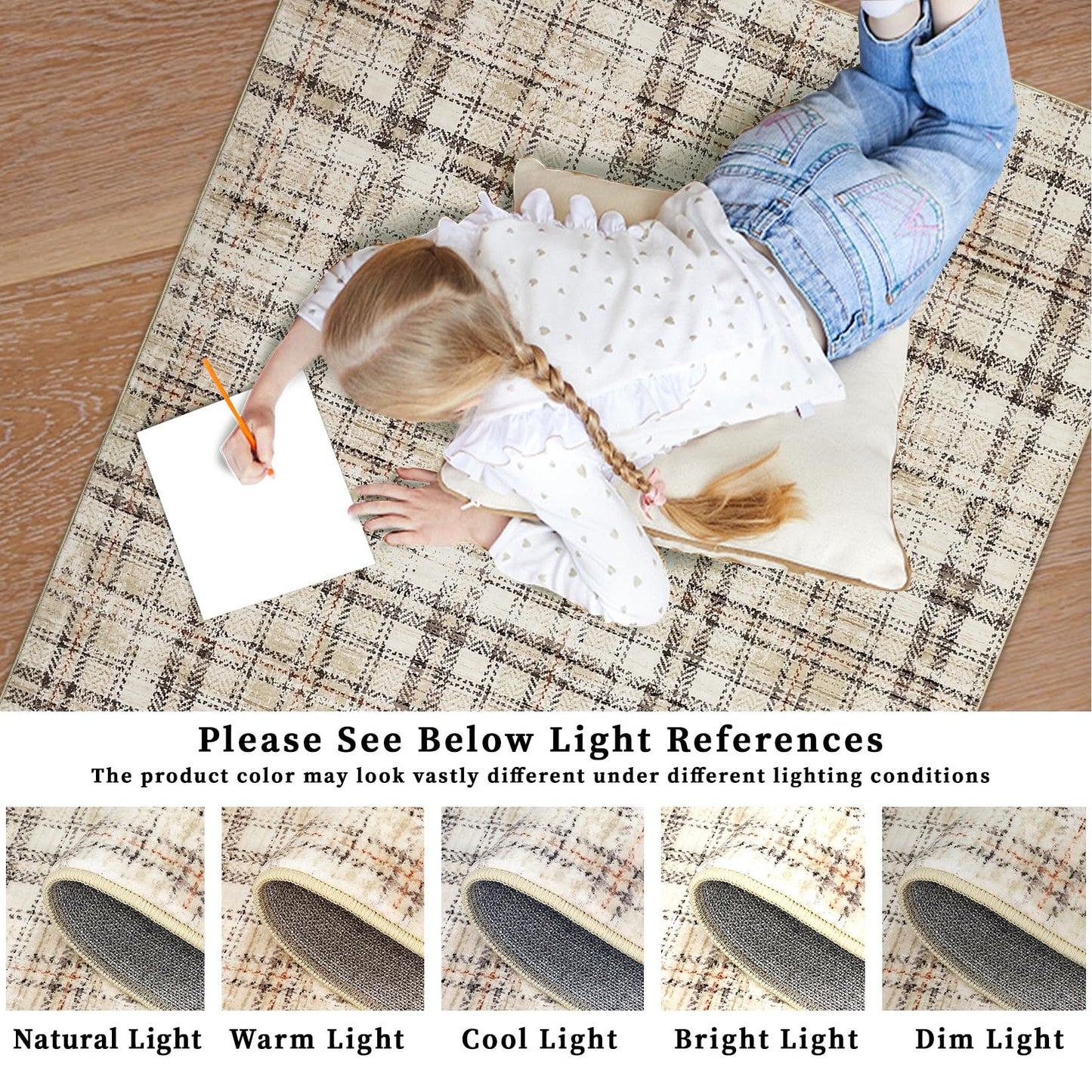 Garvee Washable 8x10 Area Rug for Living Room Non Slip Soft Bedroom Rugs Tartan Plaid Area Rug Non Shedding Low Pile Stain Resistant Carpet for Nursery Dining Room Playroom Office, Beige