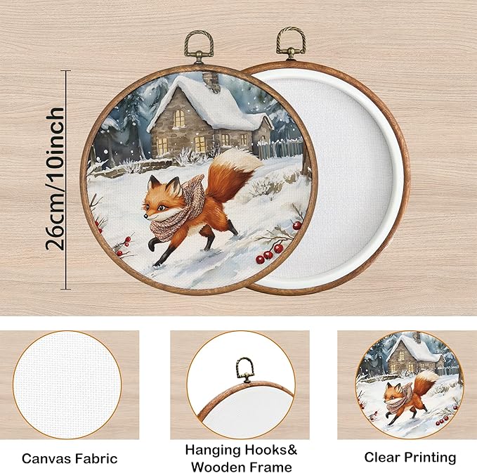 KSDUT Vintage Winter Wall Decor Art - Snowy Fox Wall Art Canvas Frame Hanging Prints, Retro Xmas Forest Woodland Wild Animal Round Wall Art Decor for Home Farmhouse Decorations 10"x10"