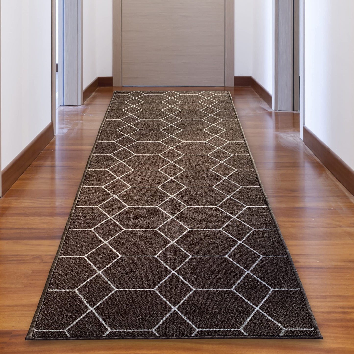 Custom Made Runner Rug for Kitchen Foyer Hallway Entry Choose Your Length Size 26 Inch Wide Geometric Lattice Design Brown Color (15 feet x 26 inch)