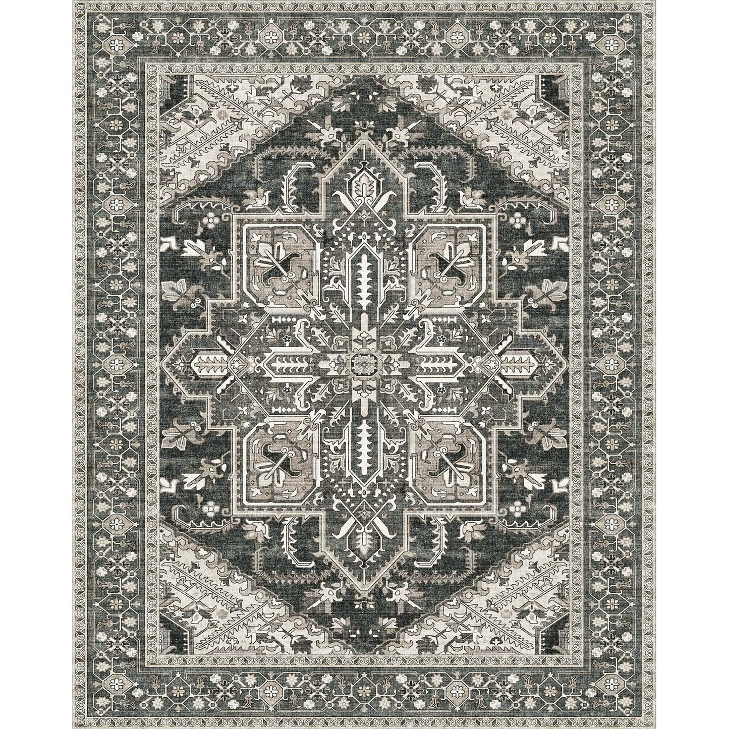 WITSHOCK Living Room Area Rugs 8x10: Washable Rug Boho Soft Non-Slip Low Pile Stain Resistant Foldable Carpet for Bedroom Playroom Dining Room Office Kitchen Farmhouse Home Decor Rug-Bitter Black
