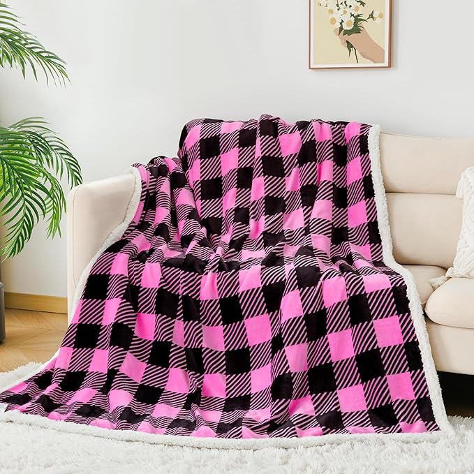 Touchat Sherpa Plaid Twin Blanket 60" X 70", Fuzzy Fluffy Soft Cozy Throw Blanket, Twin Size Plush Fleece Flannel Plush Microfiber Blanket for Couch Bed Sofa (Rosepink)