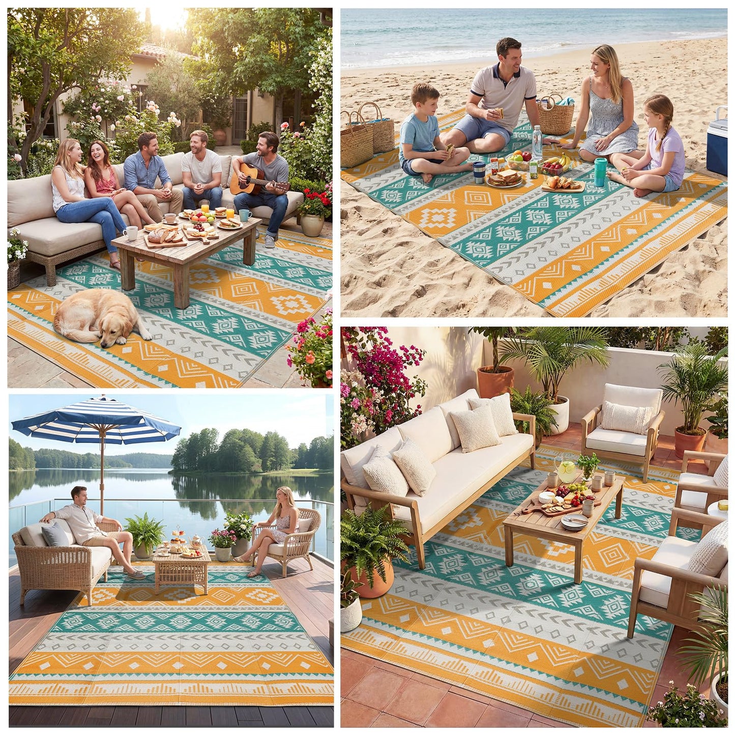 Outdoor Rug 5x8 ft Waterproof Reversible Plastic Straw Patio Camping Rug, Portable Indoor Outdoor RV Mat Carpet for Deck, Camper, Porch, Balcony, Backyard, Picnic, Yellow