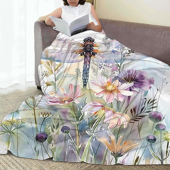 Throw Blanket, Boho Watercolor Dragonfly Throw Blankets for Adult Kids Boys Girls, Wildflowers Decor Gifts for Home Bed Couch 50x60 Inches