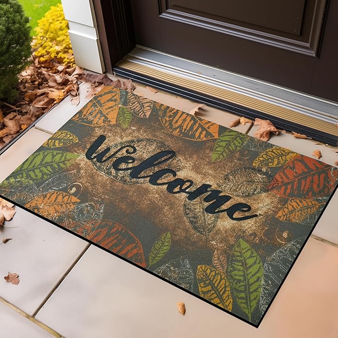 CHICHIC Door Mat Welcome Mat 17x 30 Inch Front Door Mat Outdoors for Home Entrance Outdoors Mat for Outside Entry Way Doormat Entry Rugs, Heavy Duty Non Slip Rubber Back Low Profile, Retro Leaves