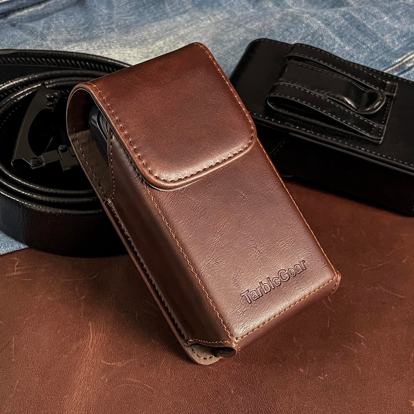 TarbicGear Leather Flip Phone Case with Belt Clip, Pouch for Kyocera & TCL & Nokia Flip Phone Holster for Belt, Cat S22 Case, Phones Sheath, Sonim XP3 Plus Magnetic Phones Pouch (Black)