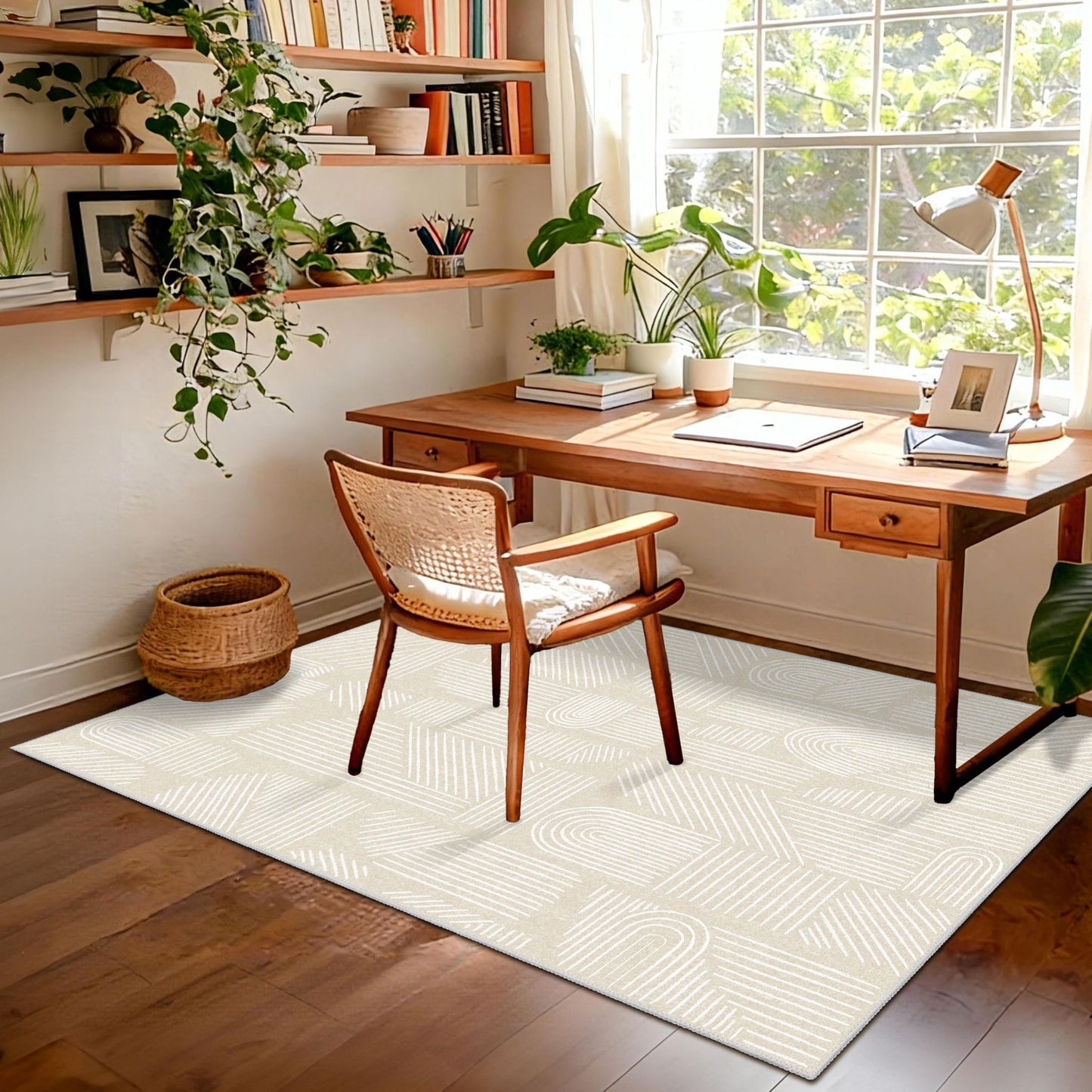MUJOO 3x5 Washable Rug,Mid Century Modern Abstract Non Slip Low Pile Area Rug,Neutral Beige and White Rug for Living Room Bedroom Entryway