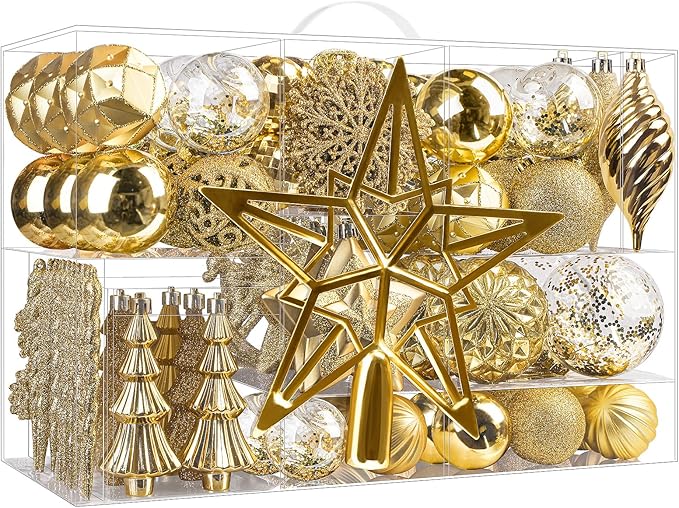 SHareconn 100pcs Christmas Tree Decorations Ornaments Set, Shatterproof Plastic Baubles Decorative Balls for Xmas Tree Decor Holiday Wedding Party, Gold