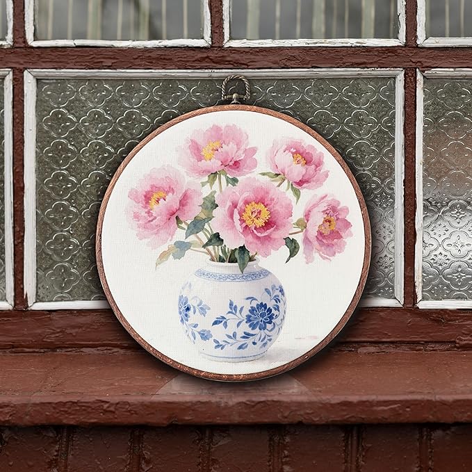 Threegoat Chinoiserie Spring Floral Framed Round Wall Art,Blue and White Hydrangea Flowers Wall Art Decor for Bedroom,Vintage Wall Hanging Decor for Grand Millenial Grandmillennial Home - A02