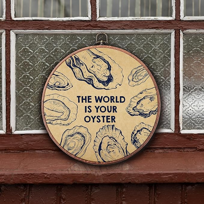 Threegoat The World Is Your Oyster Round Wall Art,Coastal Vintage Oyster Shell Wall Art Decor for Bedroom,Beach Ocean Nautical Framed for Coastal Prints Living Room Bathroom Decorations - A10