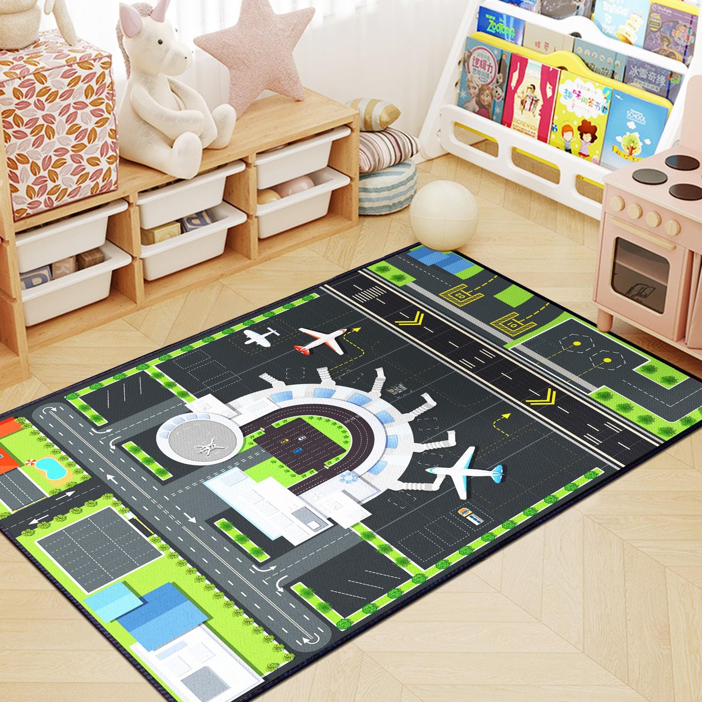 Isyorefam Play Rug for Kids Playroom, 2x3 Airport Carpet with City Road Traffic System and Aircraft Runway, Airport Playmat Airplane Rugs Non-Slip Washable Area Mat for Boys Bedroom