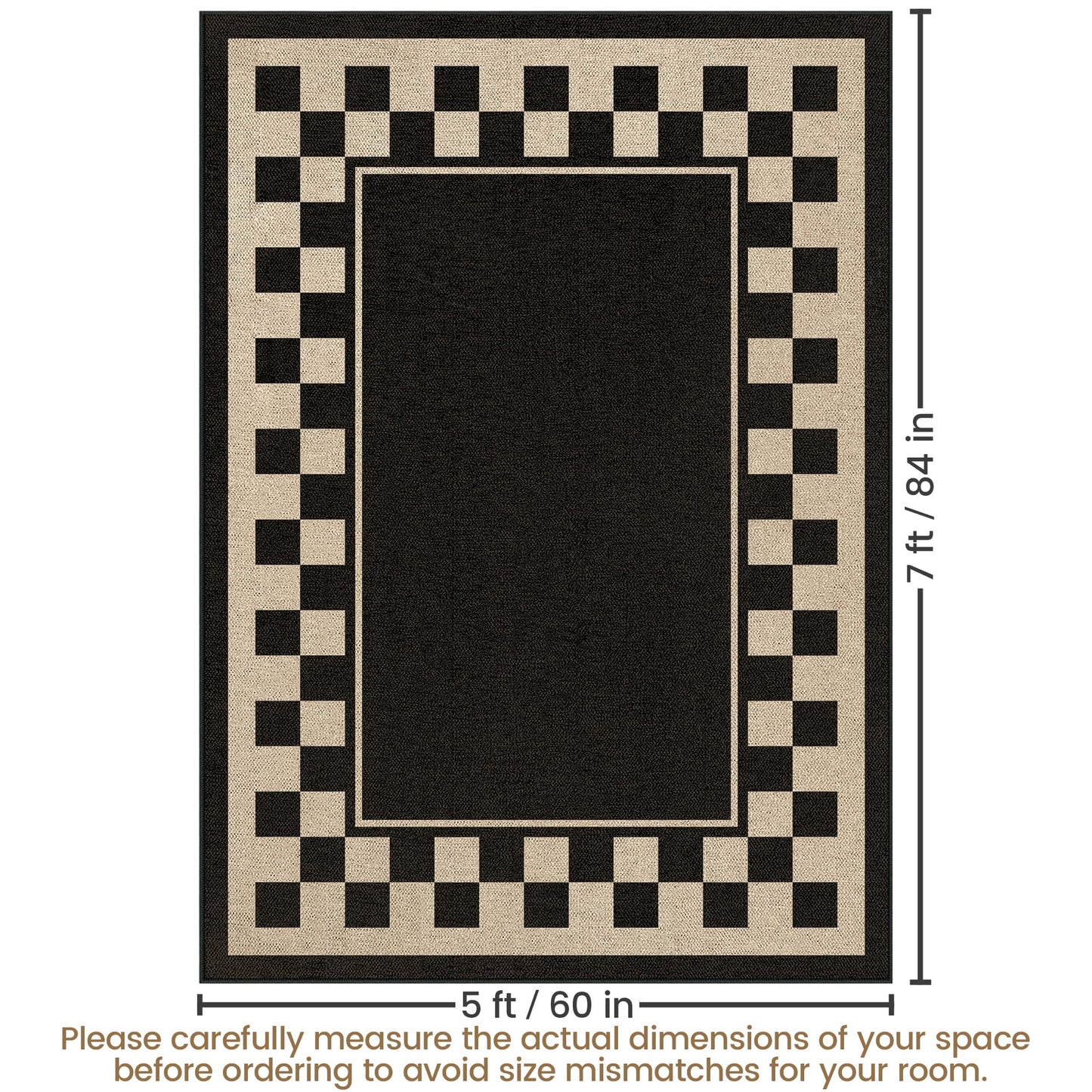 JROSING Washable Checkered Easy Jute Rug 5x7, Black Checkerboard Geometric Modern Outdoor Indoor Patio Large Bordered Rug, Woven Thin Carpet for Living Dining Play Room Bedroom Classroom Kids Nursery