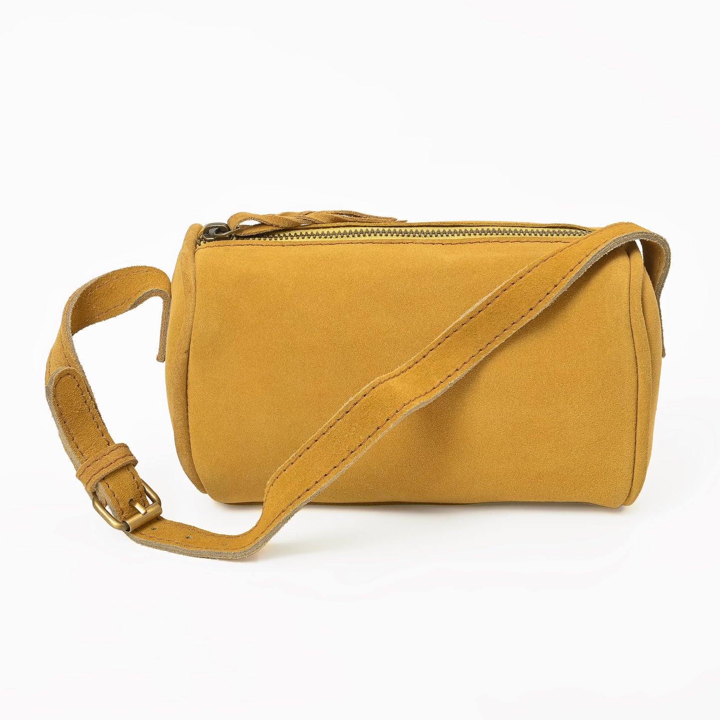 Merbaa Leather Cosmetic Bag for Women with Zipper Closure & Shoulder Strap, Small Genuine Suede Makeup Pouch Organizer Travel Toiletry Case Crossbody Sling Purse. Tan