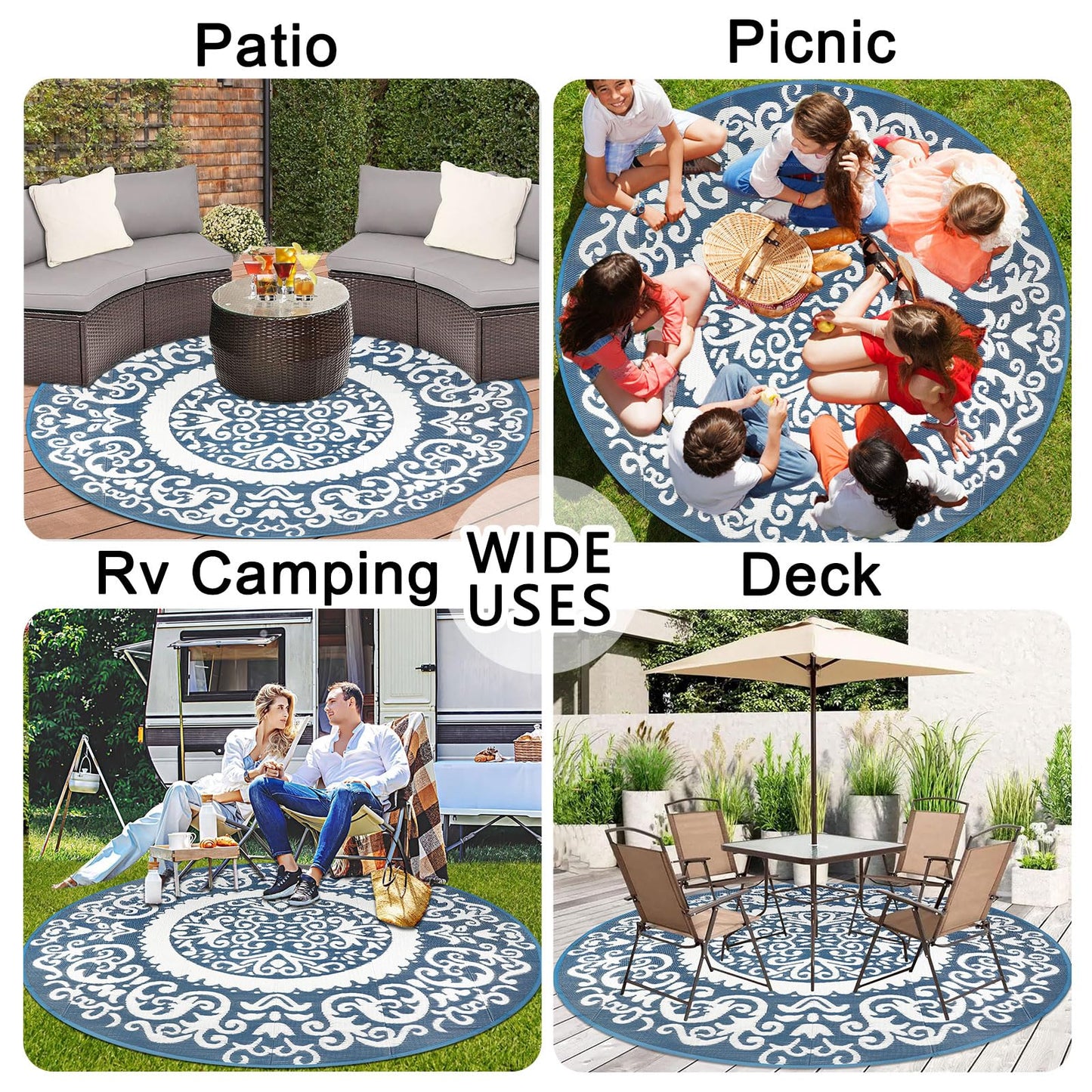 Homcomoda Round Outdoor Rugs 8ft Blue Patio Rugs Clearance Reversible Plastic Straw Rugs Waterproof Lightweight Outdoor Rugs Portable RV Camping Mat for Outdoor Porch Deck BBQ Backyard